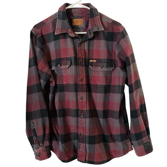 Orvis Flannel Shacket Shirt Jacket Mens M Burgundy Gray Check Twill Pockets - Picture 1 of 9
